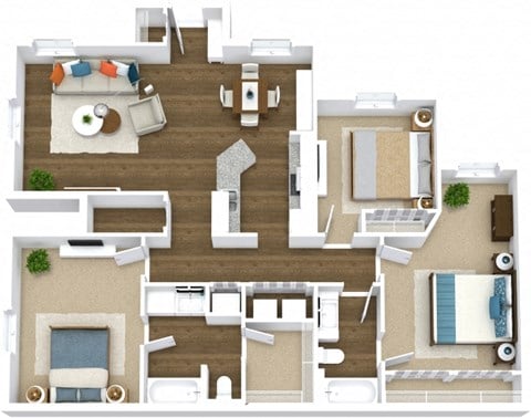 Floor plan for 3 beds, 2 baths, 1334 sqft
